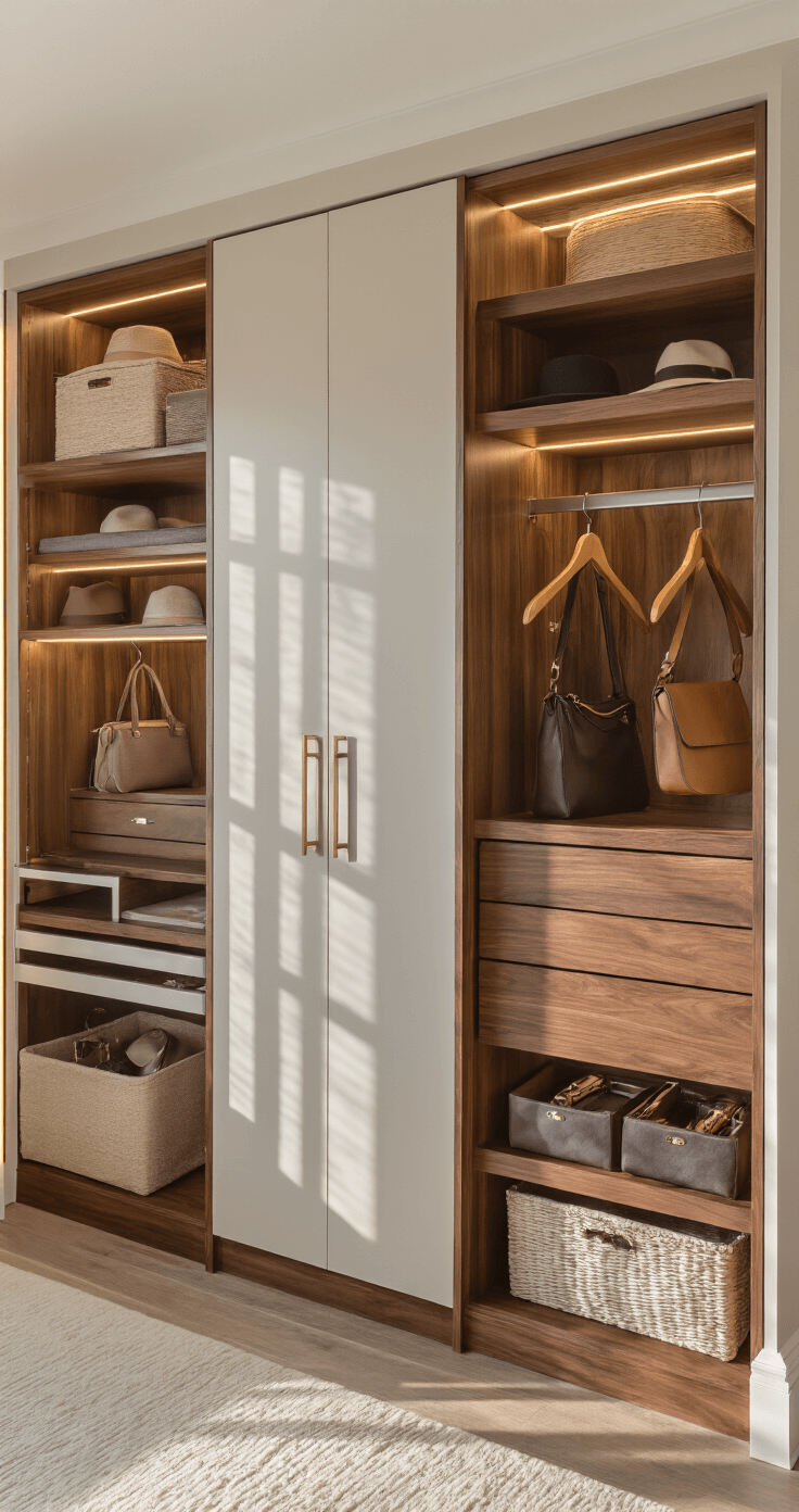 A contemporary bedroom showcasing a walnut corner cupboard system with rotating shelves and L-shaped hanging rails, illuminated by battery-operated LED strips. The image captures the intricate internal organization for handbags, hats, and accessories, with soft morning light casting warm shadows across the wood grain and contrasting textures of smooth wood and soft textiles.