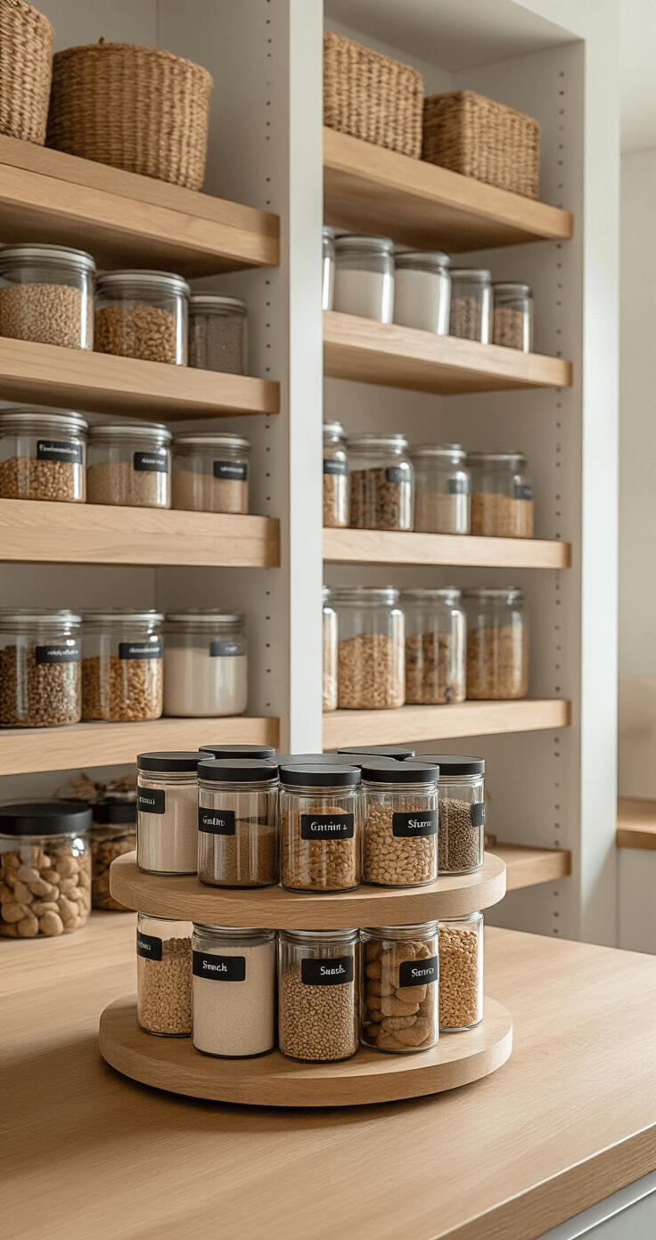 A well-organized pantry featuring floor-to-ceiling built-in shelving, a tiered lazy susan spice rack, clear glass containers labeled by category, warm wooden shelves, and soft natural backlighting, all captured from an angled perspective.