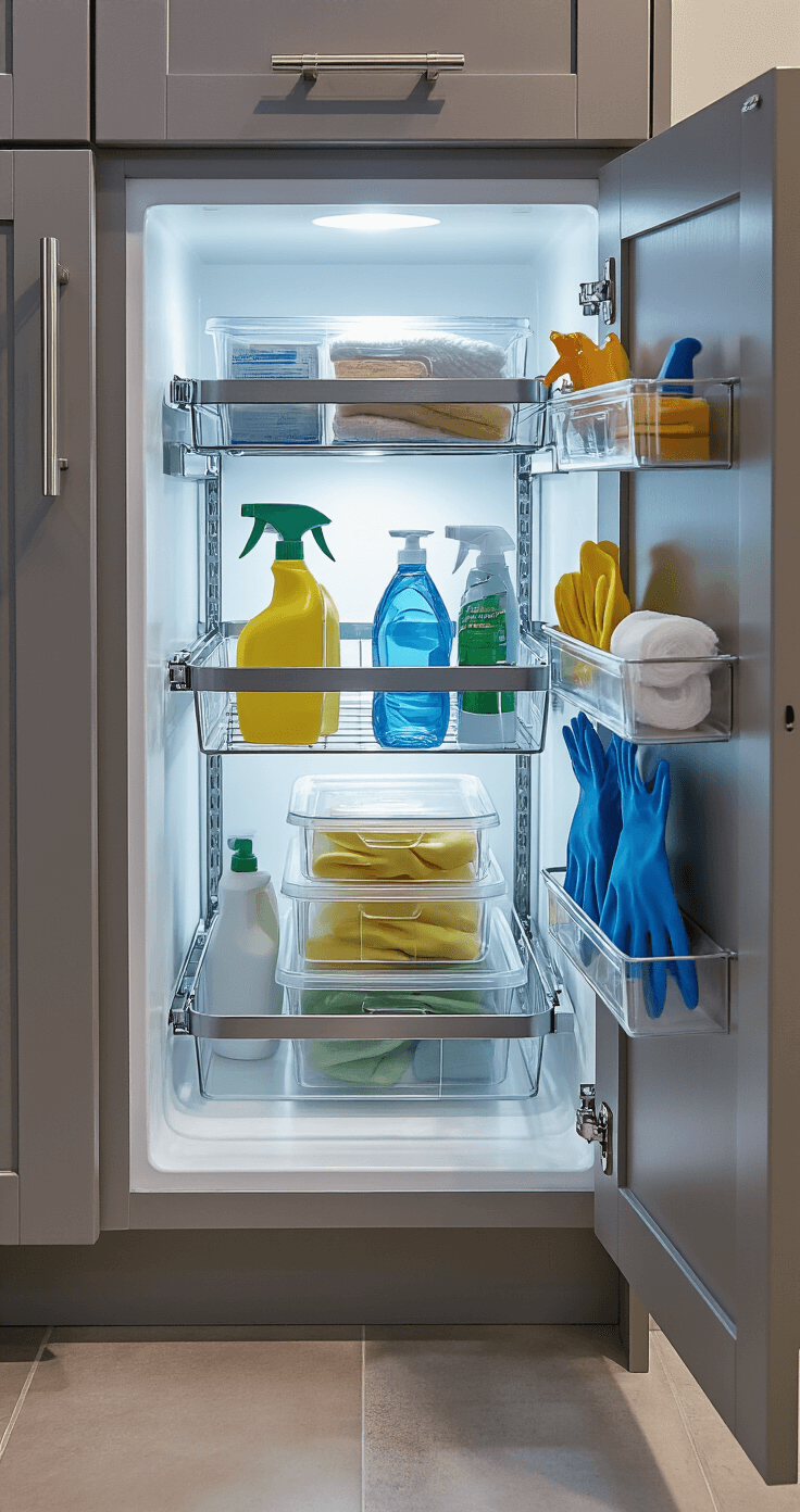 Under-sink cabinet showcasing a sliding metal organizer with clear stackable bins for cleaning supplies, mounted hooks for rubber gloves, and a trash bag dispenser on the door, all illuminated by soft ambient lighting, emphasizing a neat and systematic storage design.