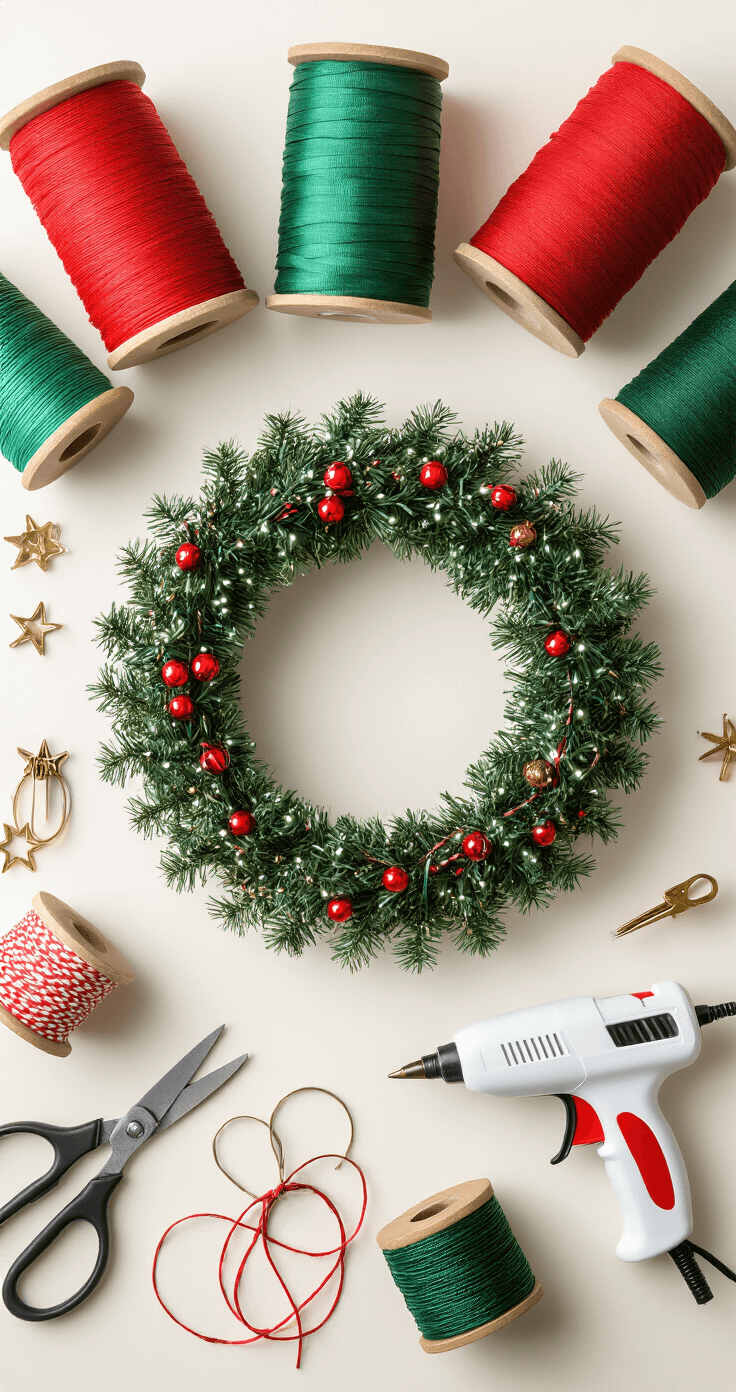 Flat lay of a wreath-making workshop featuring neatly organized crafting supplies, including ribbon spools in Christmas colors, wire cutters, hot glue gun, chenille pipe cleaners, and zip ties, with a partially constructed wreath base under soft diffused lighting, showcasing the creative process.