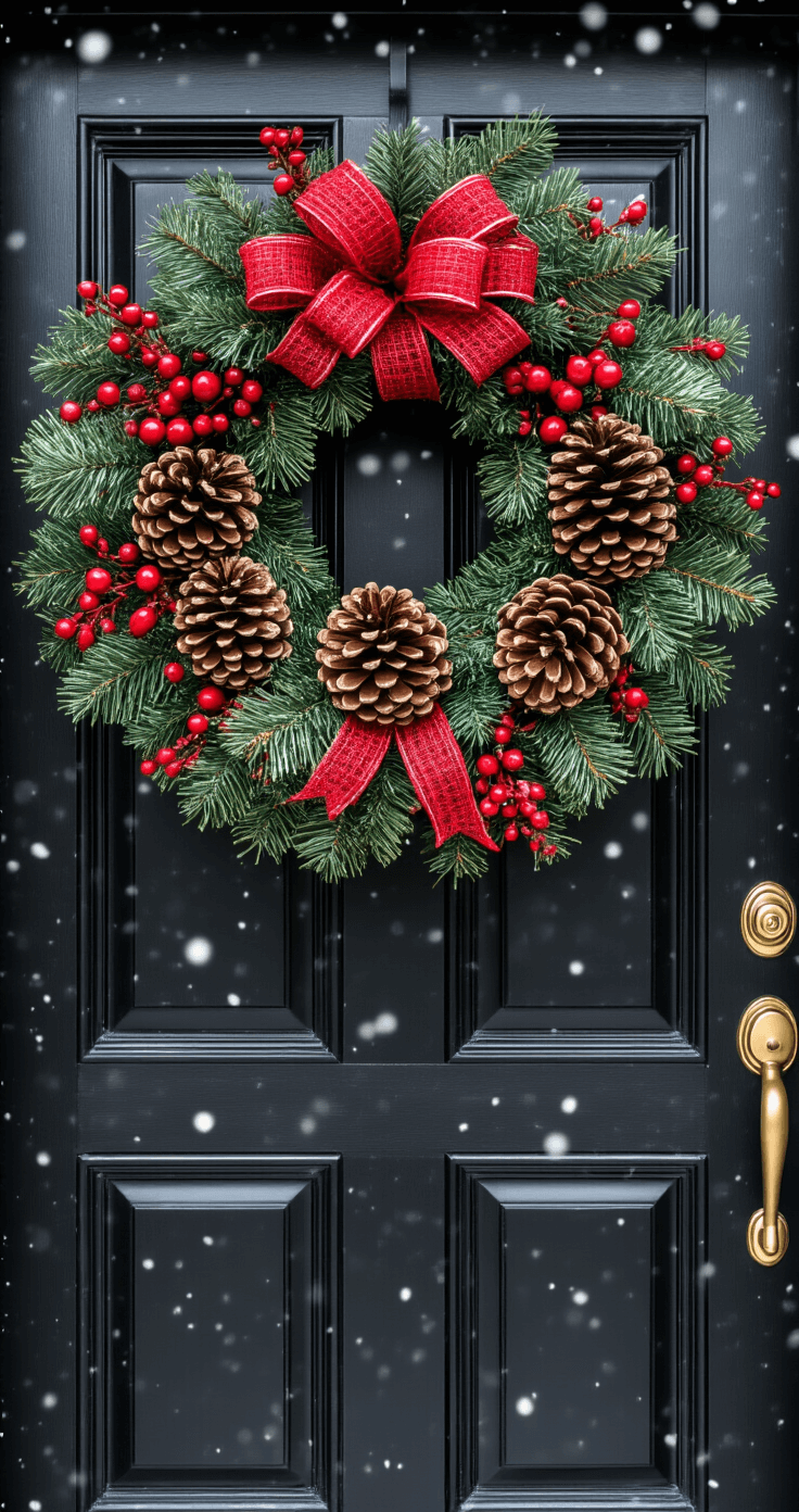 A classic black front door adorned with a lush red and green deco mesh wreath, accented with pine cones and berries, surrounded by gentle snowfall, captured in crisp winter light showcasing architectural details.