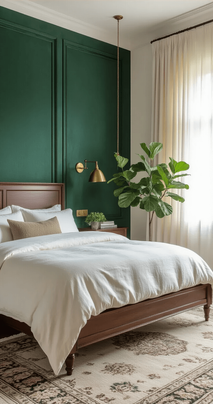Ultra-realistic master bedroom featuring an emerald green velvet accent wall, custom mahogany bed frame with brass hardware, and soft natural lighting through sheer ivory curtains, all set on a Persian wool area rug with muted earth tones. A vintage brass floor lamp adds warmth, complemented by a potted fiddle leaf fig in the corner. The shot captures the room's architectural depth and luxurious green focal point.