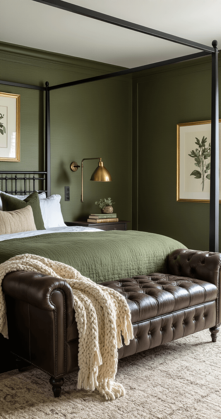 Moody forest green bedroom featuring rich olive walls, a black metal four-poster bed, and vintage leather chesterfield bench, illuminated by dramatic lighting with deep shadows and luxurious decor accents.