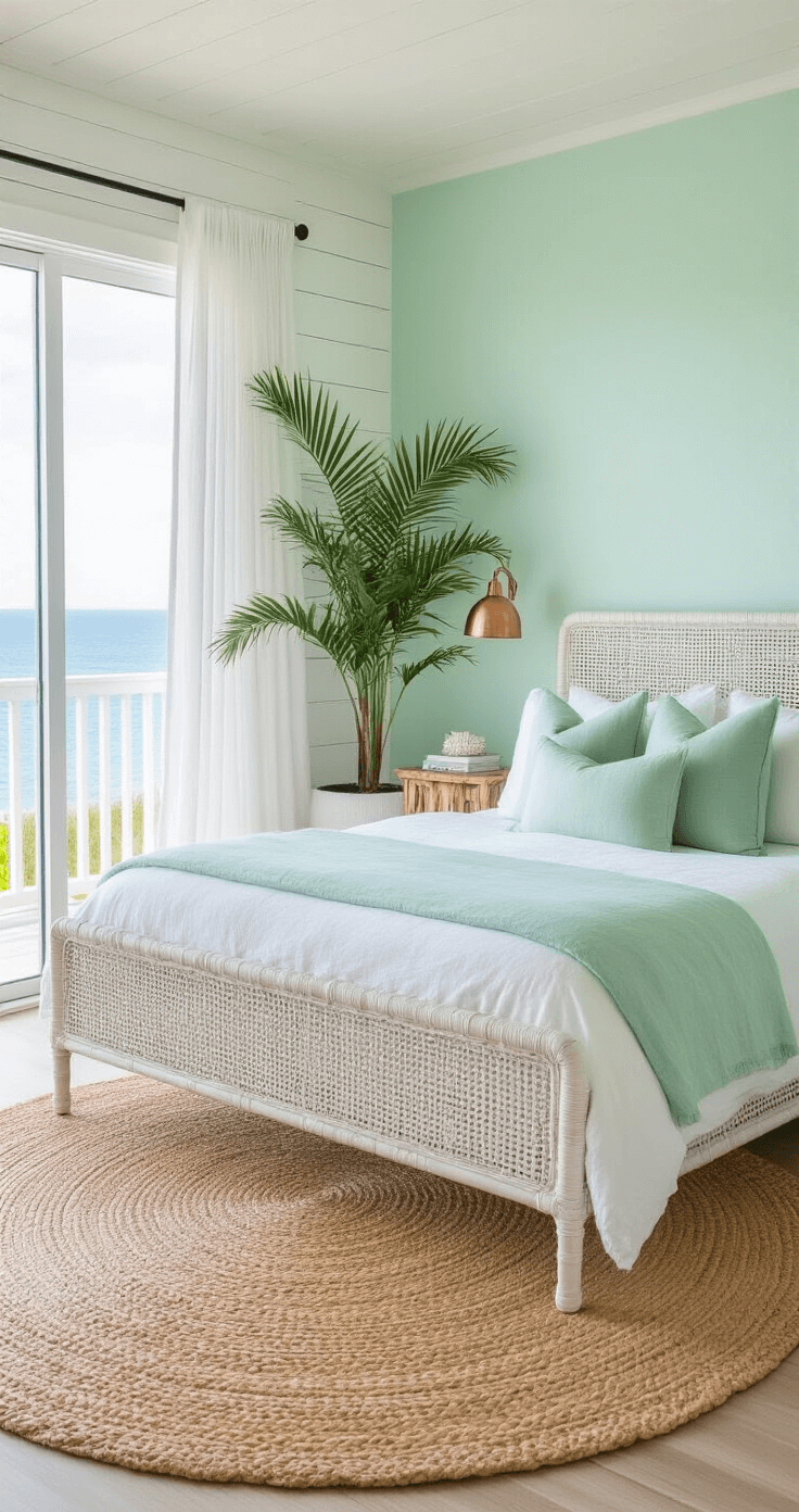A bright and airy mint green bedroom featuring crisp white shiplap walls, a whitewashed rattan bed with white linen bedding and seafoam green pillows, a large jute rug, and a driftwood side table with a copper lamp. The room has a large indoor palm in a white ceramic pot and sheer white curtains, all framed by an expansive ocean view.