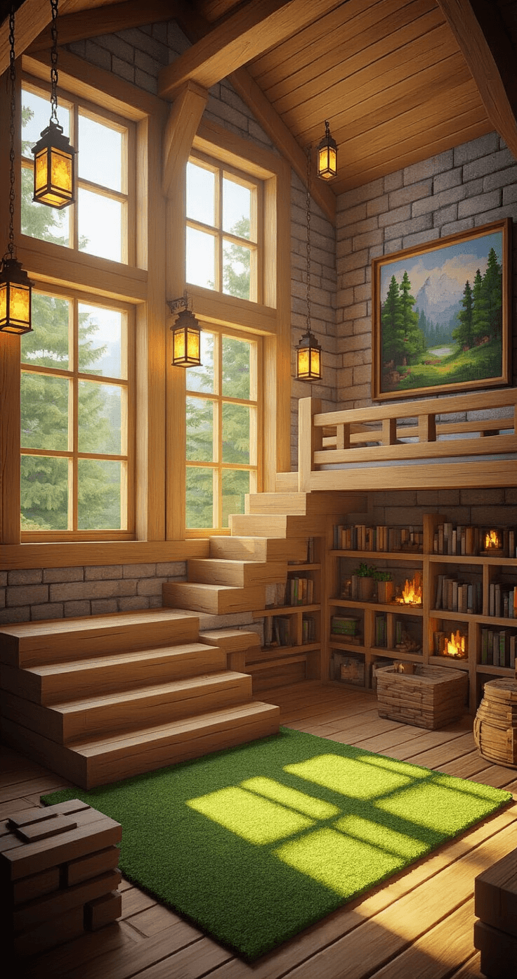 A cozy Minecraft bedroom interior featuring a loft-style bed, warm golden sunlight streaming through framed windows, and textured spruce floors with a green wool carpet, complemented by hanging lanterns, bookshelves, and a forest landscape painting.
