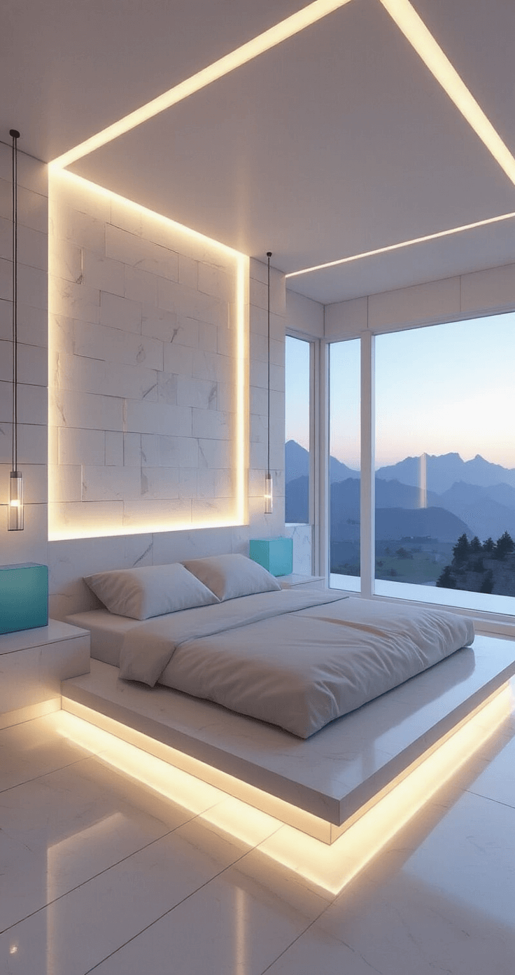A minimalist modern Minecraft bedroom featuring pure white quartz block walls, sleek platform bed, cyan concrete accents, and strategic end rod lighting, with hidden sea lantern floor illumination, geometric furniture arrangement, and a large glass panel showcasing a mountain view in soft morning light.