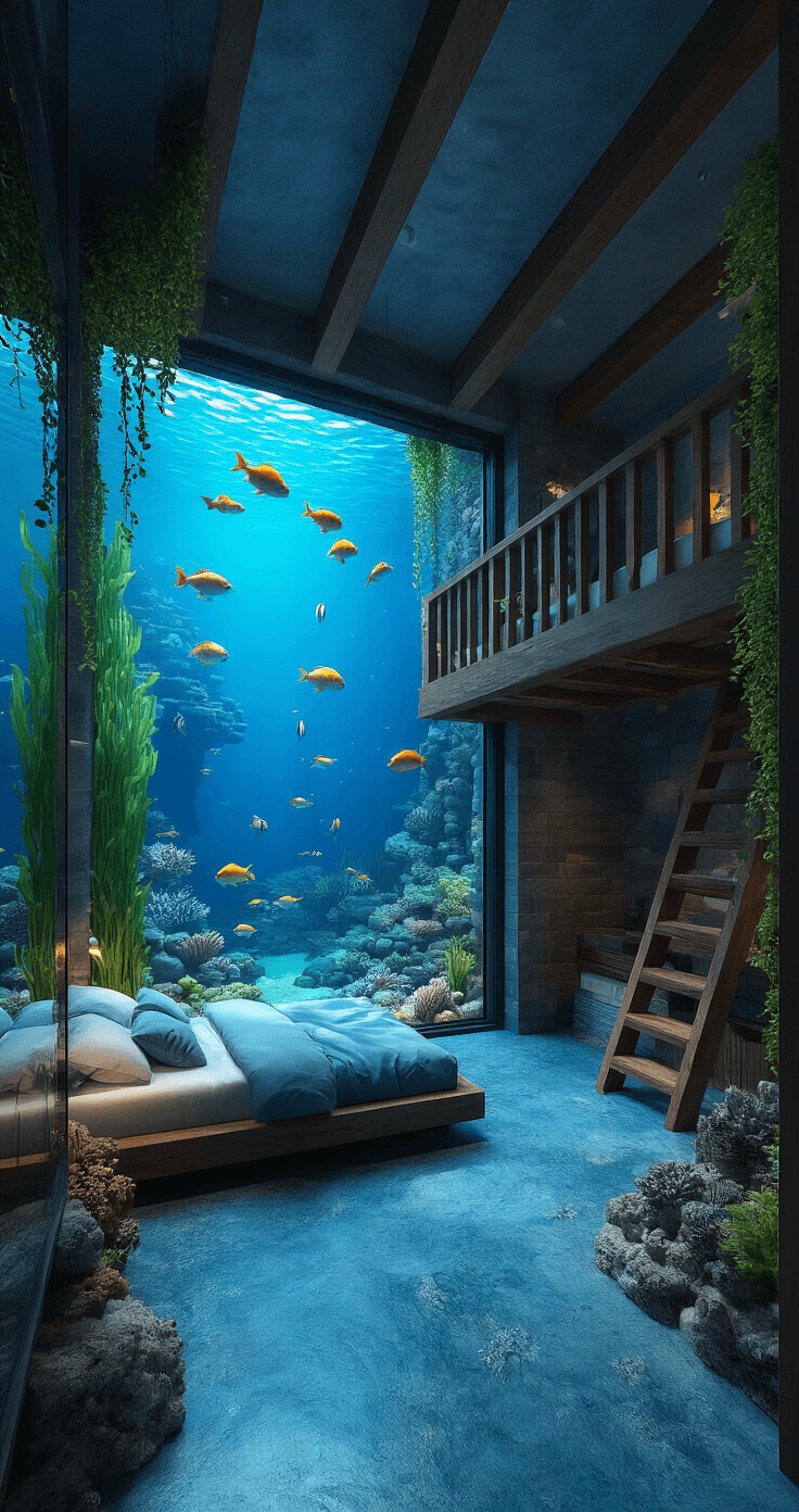 An immersive aquarium-themed Minecraft bedroom with transparent glass walls showcasing an underwater scene filled with tropical fish, kelp, and coral. The blue and cyan concrete floor complements the dark oak wooden loft structure featuring an intricate ladder. Soft evening light filters through the water, illuminating the space with sea pickle ambient lighting and cascading glow berry vines from the ceiling. The bed is positioned to face the aquatic view for a serene experience.