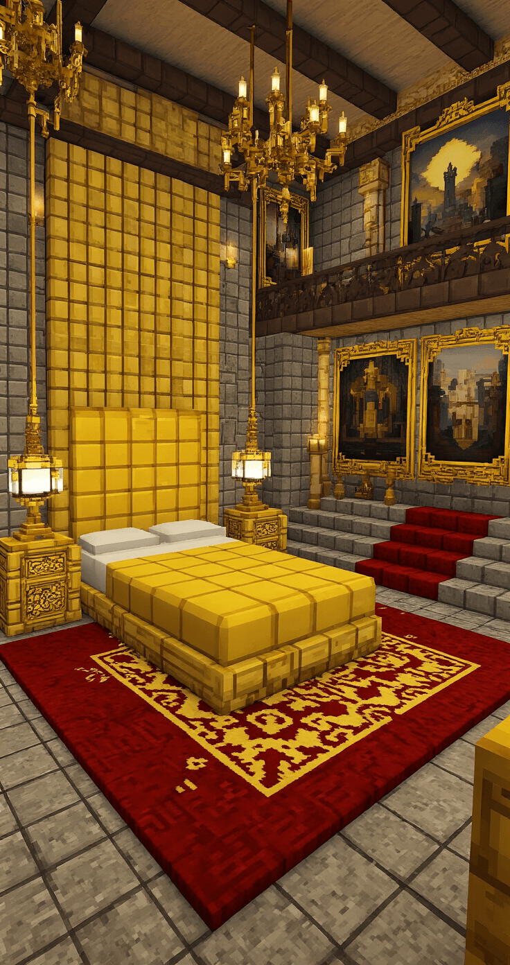 A luxurious Minecraft bedroom with gold block accent walls, a yellow wool headboard, brewing stand nightstands, ornate red patterned carpet, gold-tone candle holders, medieval paintings in gold frames, and dramatic side lighting, featuring multiple levels with stairs and platforms for a regal atmosphere.