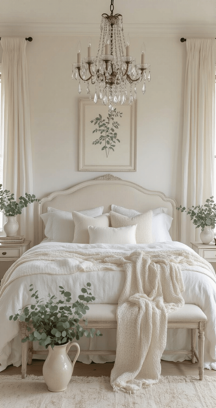 A romantic white bedroom featuring a vintage French-style bed with heavy cream and ivory linen bedding, layered with textured throws. Sheer floor-length curtains puddle on the floor, and a chandelier casts soft crystal shadows. An antique wooden bench sits at the foot of the bed, while an oversized botanical print in a distressed white frame decorates the wall, complemented by fresh eucalyptus in a vintage ceramic pitcher. The scene is bathed in low, intimate lighting, highlighting the dreamy atmosphere and layered textures.