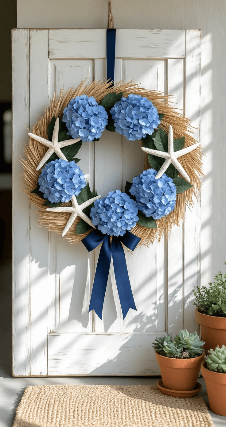 Coastal summer wreath made of blue hydrangeas and white starfish on a weathered white door, accented with navy ribbon, alongside terracotta planters and a textured linen welcome mat, illuminated by natural light.
