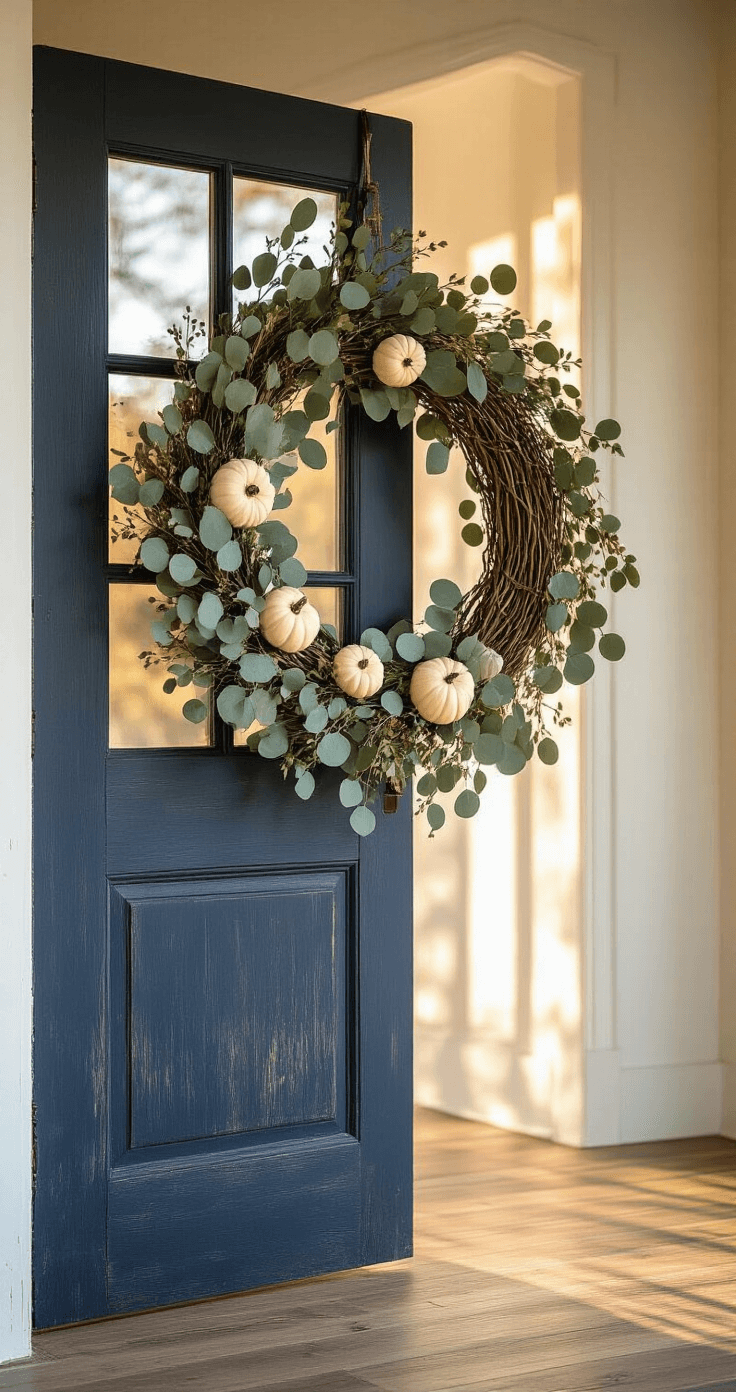 Ultra-wide angle image of a rustic entryway at golden hour, featuring a moody coastal fall wreath on a weathered navy blue door, illuminated by soft sunlight, showcasing eucalyptus, cream faux pumpkins, and navy berry sprigs on a textured wooden floor.