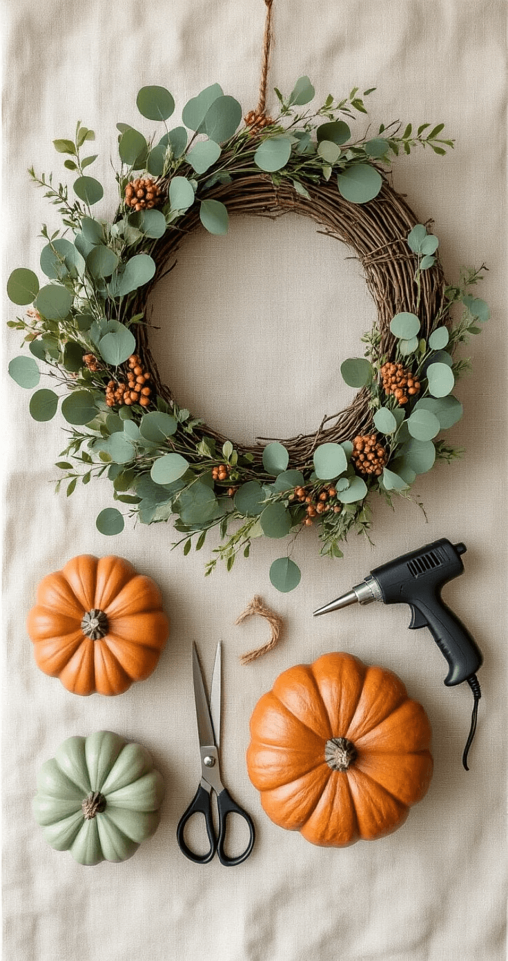 Flatlay of fall wreath-making materials including a grapevine base, eucalyptus stems, matte ceramic pumpkins, floral wire, hot glue gun, and scissors on a linen surface, all under soft natural light.
