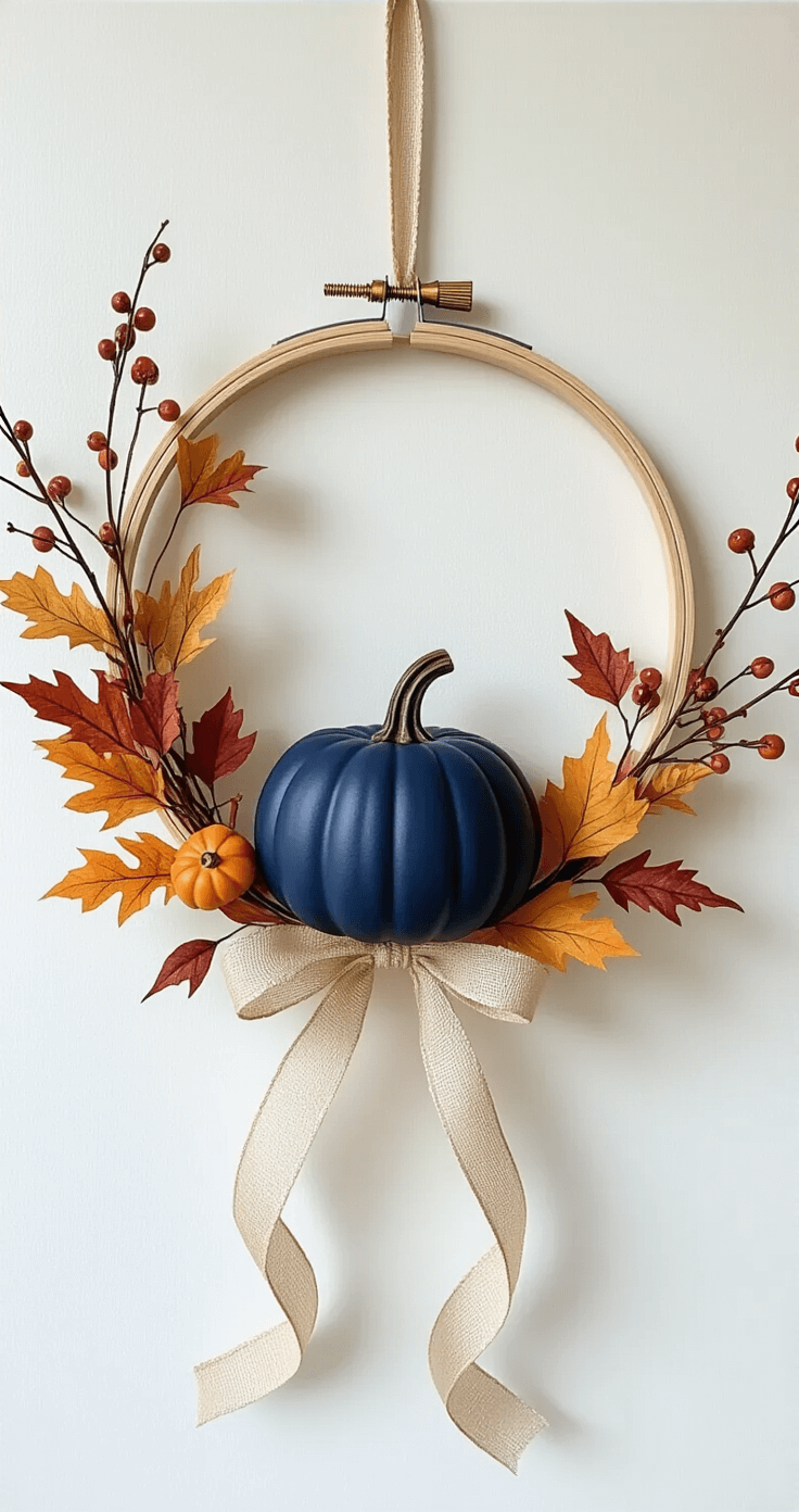 Minimalist embroidery hoop wreath against a soft white wall featuring five asymmetrically arranged fall stems, an oversized matte navy ceramic pumpkin as the focal point, and loose wired ribbon trailing elegantly, all illuminated by soft natural light that enhances the composition and negative space.