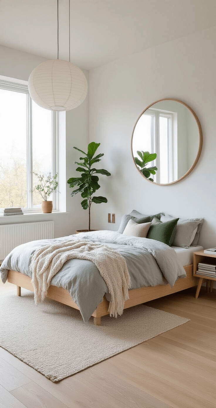 Minimalist Scandinavian bedroom featuring white walls, warm oak flooring, expansive windows, a light ash wood platform bed with muted bedding, textured throws and pillows, pendant lights, wooden nightstands with charging stations, a circular mirror, a fiddle leaf fig plant, and curated shelves, all bathed in soft morning light.