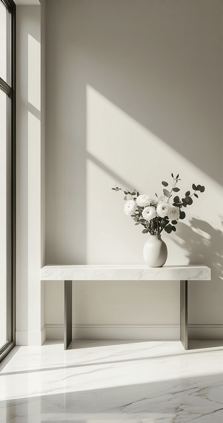 A modern minimalist entryway featuring a white marble floor, a sleek console table with a vase of white ranunculus, and minimal eucalyptus, bathed in soft natural light from large windows, showcasing clean lines and a neutral gray and white color palette.