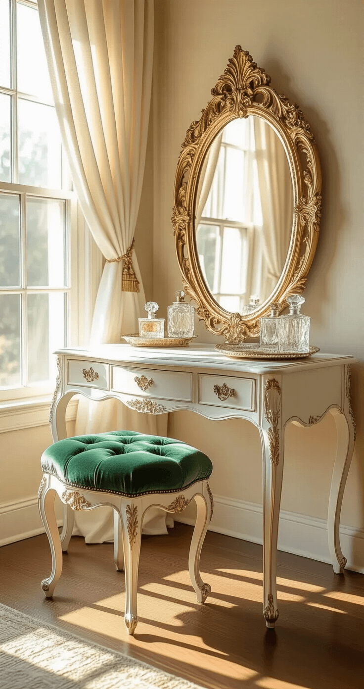 A vintage Hollywood-inspired bedroom vanity with a gilded baroque mirror, emerald green velvet stool, and distressed white table, illuminated by soft golden morning light through a bay window with sheer ivory curtains.