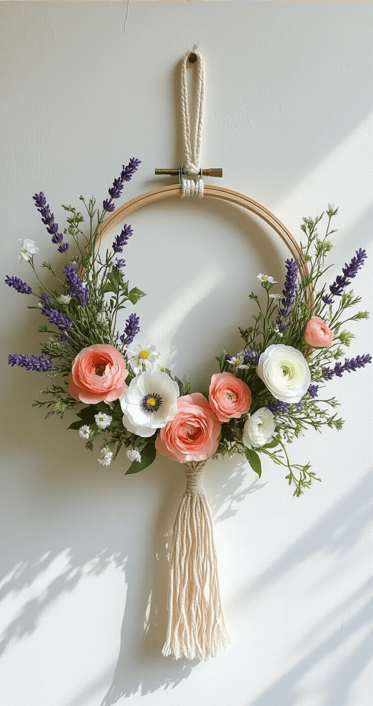 A close-up view of a bohemian spring wreath featuring an embroidery hoop base adorned with an asymmetrical arrangement of wildflowers, including lavender, white ranunculus, and coral roses, complemented by a macramé hanging detail. The composition is set against a textured white wall with dappled natural light casting soft shadows, showcasing intricate flower details and vibrant color variations in a shallow depth of field.
