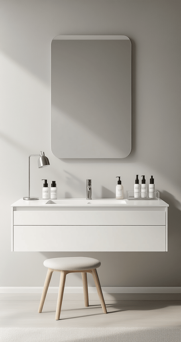 Minimalist white floating vanity with hidden storage, large frameless mirror, and curated beauty products, set against a soft gray wall; natural daylight illuminating the scene with a Scandinavian-inspired stool beneath.