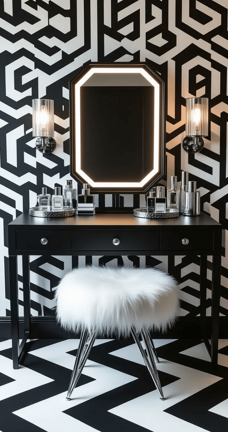 A dramatic black and white vanity scene featuring a matte black table with geometric metallic hardware, a trifold chrome-edged mirror, a white faux fur stool, and sleek chrome accessories against bold geometric wallpaper, illuminated by dramatic side lighting.