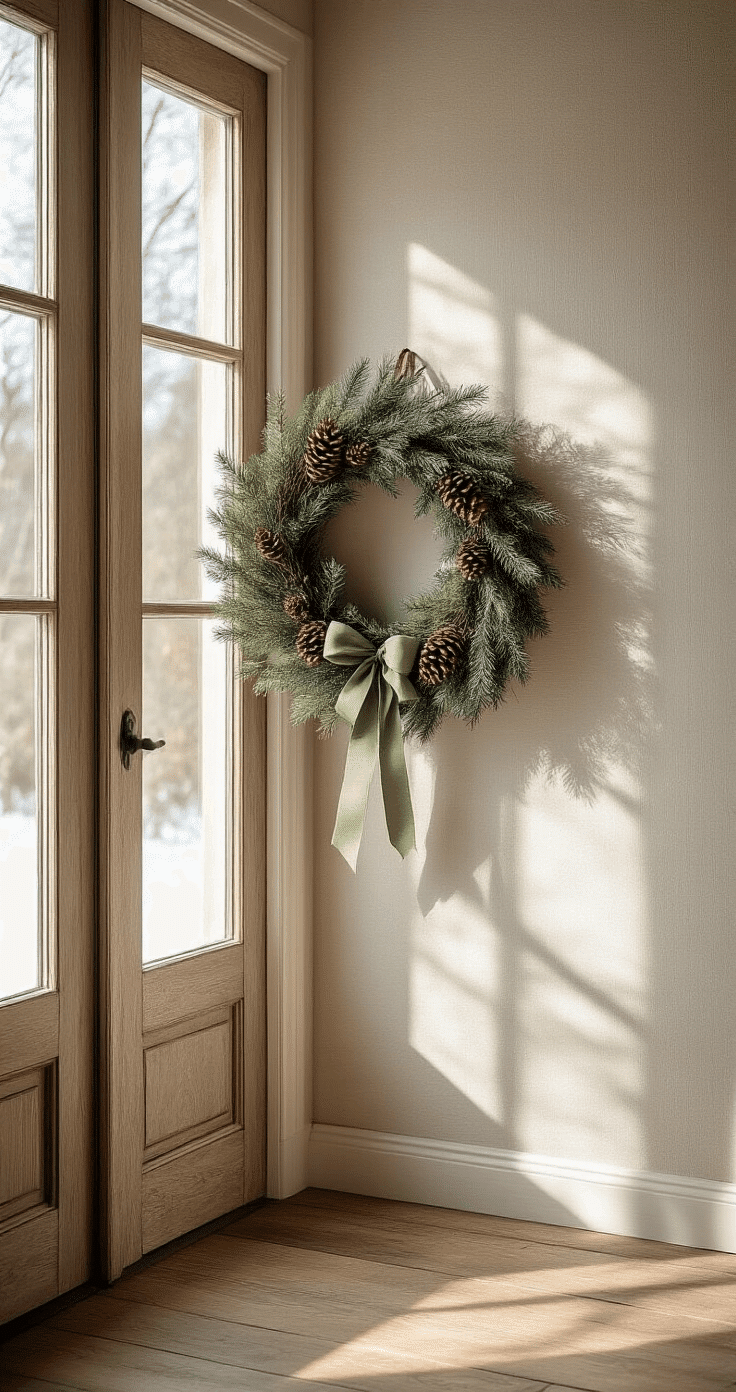 A cozy winter entryway featuring a handcrafted grapevine wreath adorned with evergreen branches, pinecones, and a muted sage green ribbon, softly illuminated by morning light through frosted windows, with warm wooden floors and neutral linen-textured walls.