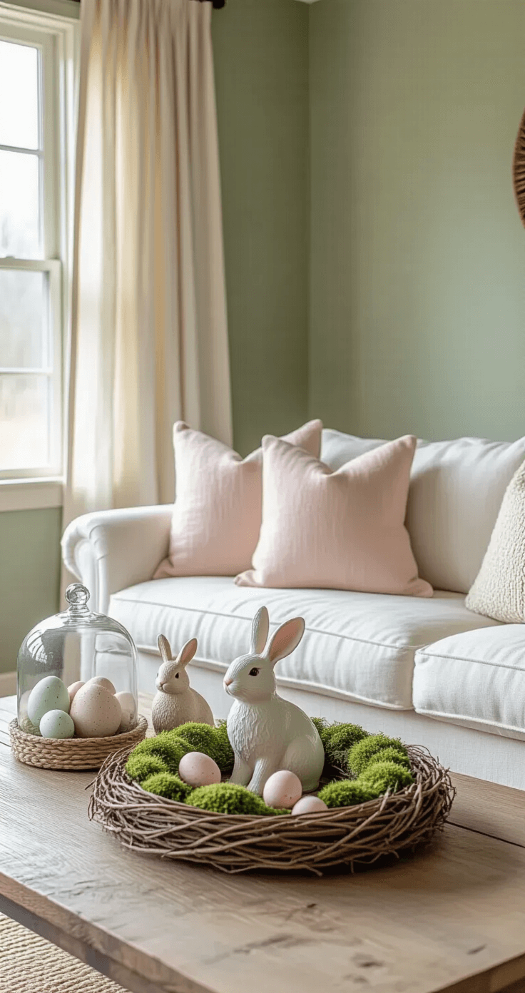 Cinematographic interior of a sunlit modern farmhouse living room with a textured white linen sofa, soft blush throw pillows, and a rustic wooden coffee table adorned with a grapevine wreath, ceramic bunny figurines, and glass cloches of pastel speckled eggs, all set against sage green walls and diffused natural light.