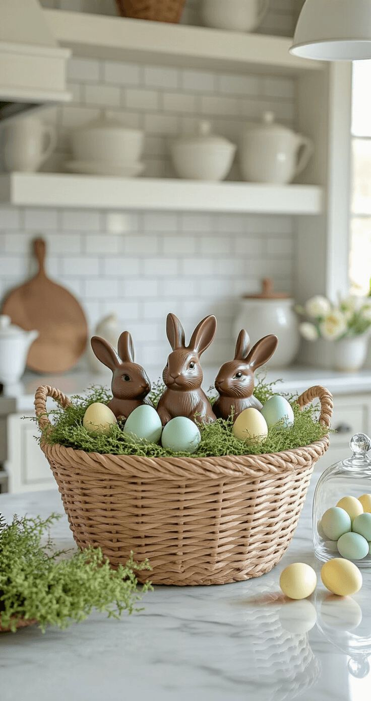 A tranquil kitchen island featuring a large woven basket filled with faux chocolate bunnies, Spanish moss, and pale yellow and mint green ceramic eggs, set against marble countertops and a white subway tile backsplash. Styled ceramic vessels and glass cloches showcase nested eggs, illuminated by soft overhead lighting that highlights texture and color variations, captured from an elevated perspective.