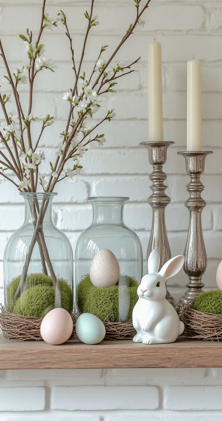 A rustic mantel adorned with glass hurricane vases holding delicate spring branches, pastel ceramic eggs, and moss nests, complemented by vintage silver candlesticks and a large decorative cloche with a white ceramic bunny, all set against a white painted brick backdrop in soft blush and sage green hues, illuminated by warm afternoon light.