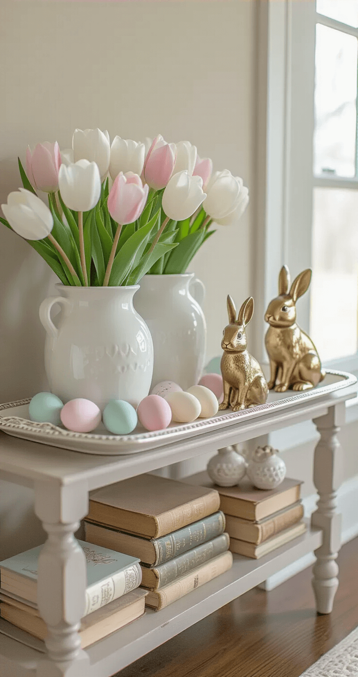 Refined entryway console table adorned with a large decorative tray, featuring white milk glass containers, faux tulips in soft ivory and pink, vintage brass bunny figurines, and stacked pastel eggs on antique books, illuminated by soft natural light against a neutral linen wall.