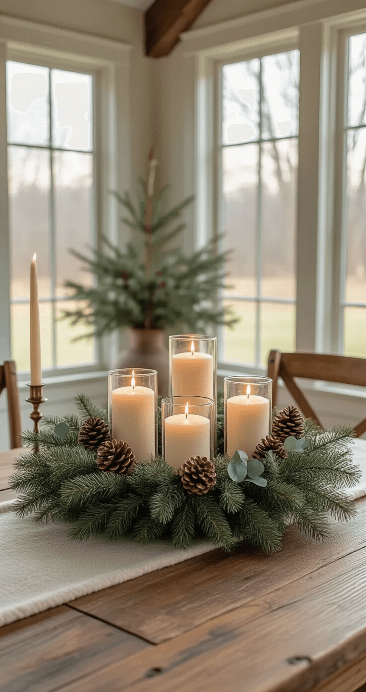 A rustic farmhouse dining room featuring a handcrafted Advent wreath on a reclaimed wood table, adorned with natural pine branches, glass candle holders, frosted pinecones, and eucalyptus sprigs, all illuminated by soft winter light streaming through large windows.