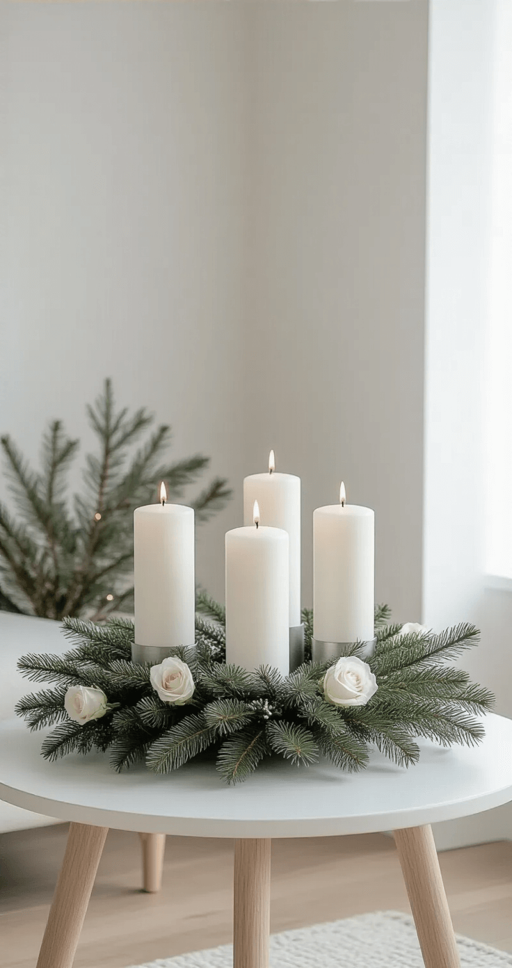 A minimalist Scandinavian living room with white walls and wide wood floors, featuring a contemporary Advent wreath on a round side table, adorned with white pillar candles, brushed silver holders, evergreen branches, and white spray roses, all illuminated by natural light from large windows.