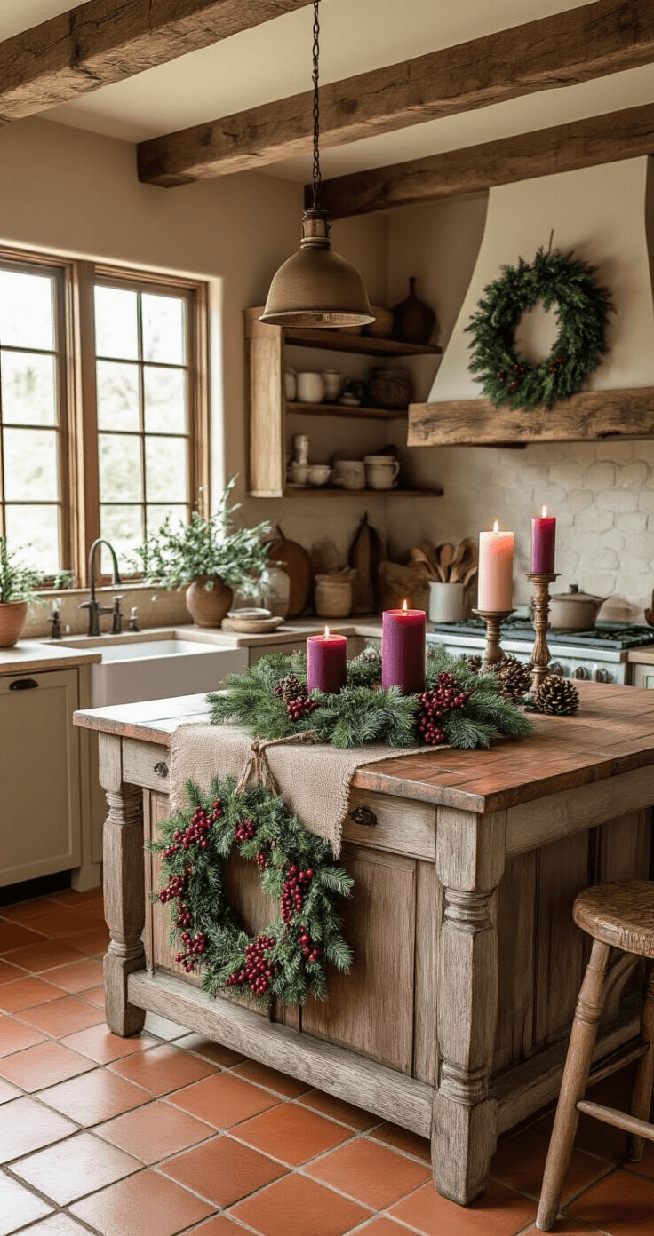 Cozy cottage-style kitchen with terracotta tiles and wooden beams, featuring a handmade Advent wreath on a farmhouse island, adorned with purple and pink candles, greenery, and rustic accents in warm lighting.