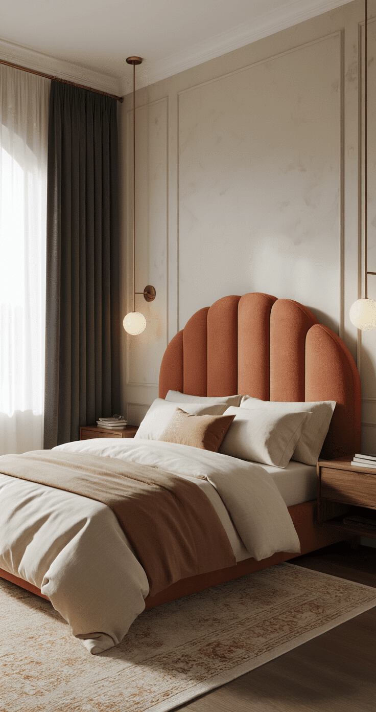 Ultra-luxurious modern bedroom featuring a curved terracotta bouclé upholstered headboard, walnut nightstands, layered cream and beige linen bedding, and a vintage overdyed rug, illuminated by soft morning light through charcoal linen blackout curtains, creating an intimate atmosphere with detailed textures and soft shadows.
