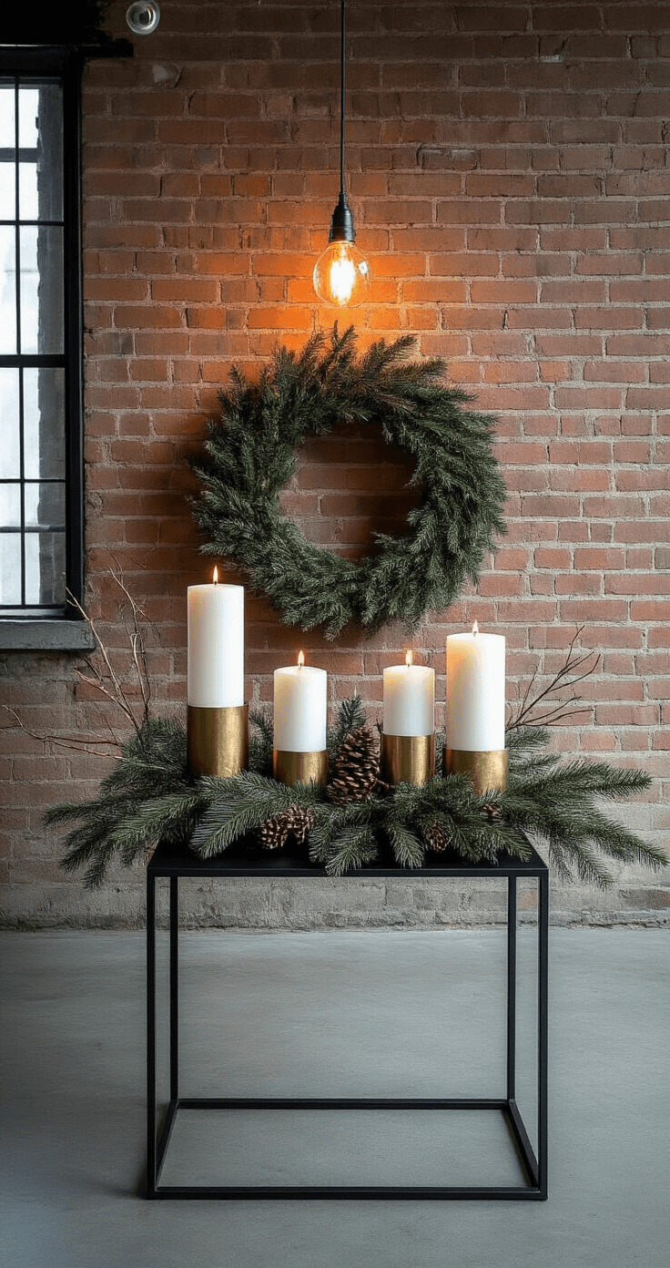 Modern industrial loft featuring an avant-garde Advent wreath on a black metal side table, with geometric matte gold candle holders, unconventional white pillar candles, and deconstructed greenery, all illuminated by dramatic lighting.