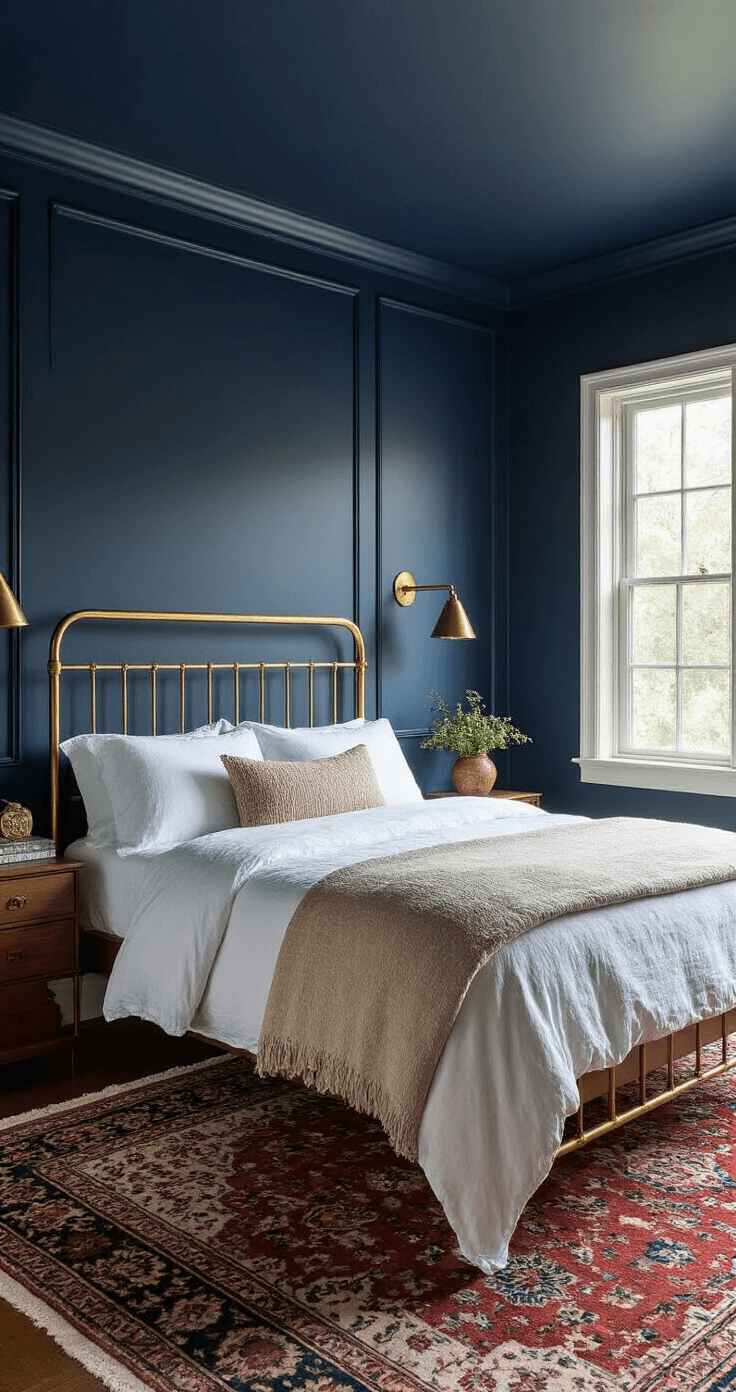 Cozy bedroom with navy blue walls and ceiling, featuring a sculptural brass bed frame and crisp white linen bedding, accented by a textured oatmeal lumbar pillow and a vintage red-overdyed Persian rug, with wall-mounted brass sconces and handcrafted ceramic decor, all bathed in soft diffused lighting.