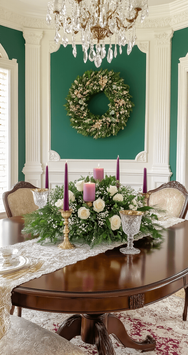 Traditional formal dining room with emerald green walls, featuring an ornate Advent wreath on an antique mahogany table, adorned with gold-rimmed candle holders, white roses, and deep purple and soft pink candles, complemented by a damask table runner and crystal chandelier under soft, diffused lighting.