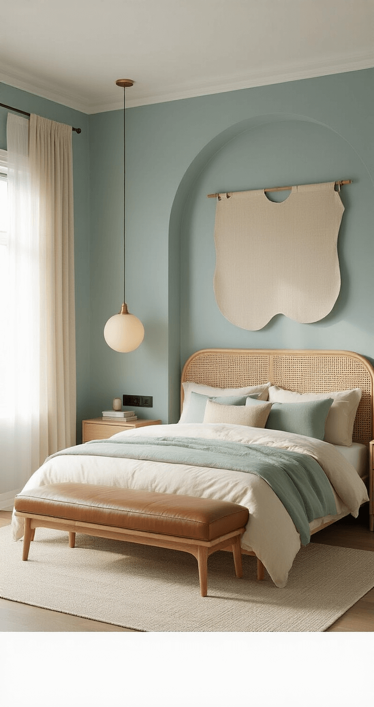 Warm minimalist bedroom featuring soft aquatic blue walls, a natural wood curved caned bed frame, a built-in storage headboard with a hidden charging station, layered cream and sage green bedding, a vintage leather bench at the foot of the bed, a large abstract textile wall hanging, dimmable warm gold pendant lights, and morning light filtering through sheer linen curtains.