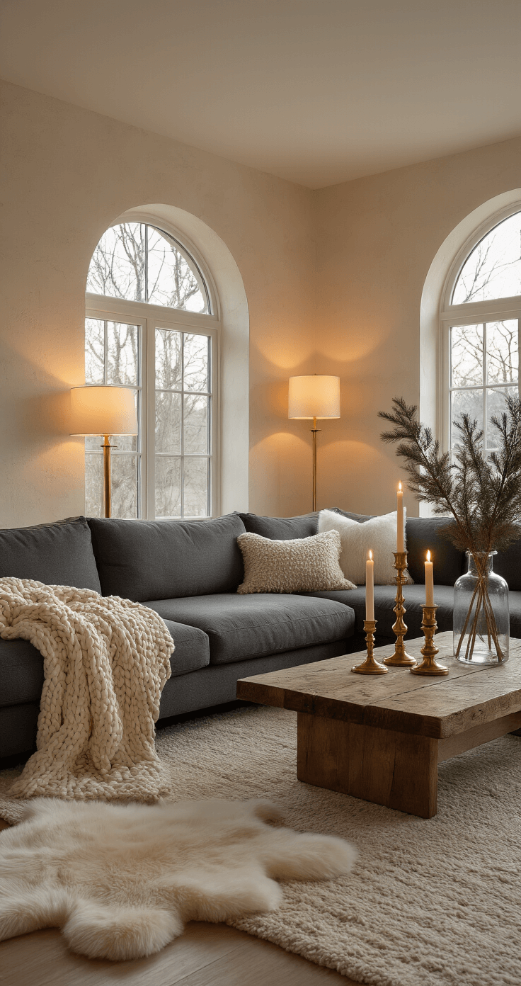 A cozy living room at dusk with warm ivory walls, a charcoal gray sectional sofa draped with a cream chunky knit throw, and brass candlesticks on a reclaimed wood coffee table, all illuminated by soft amber light from table lamps. A large arched window lets in winter light, with evergreen branches in a clear glass vase adding natural beauty.
