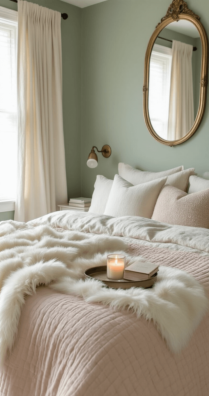 A serene bedroom featuring cream linen bedding layered with a faux fur throw and a muted blush quilt, soft sage green walls, ivory curtains, a vintage brass mirror, a nightstand with a flickering flameless candle and a book, all bathed in soft, diffused morning light.