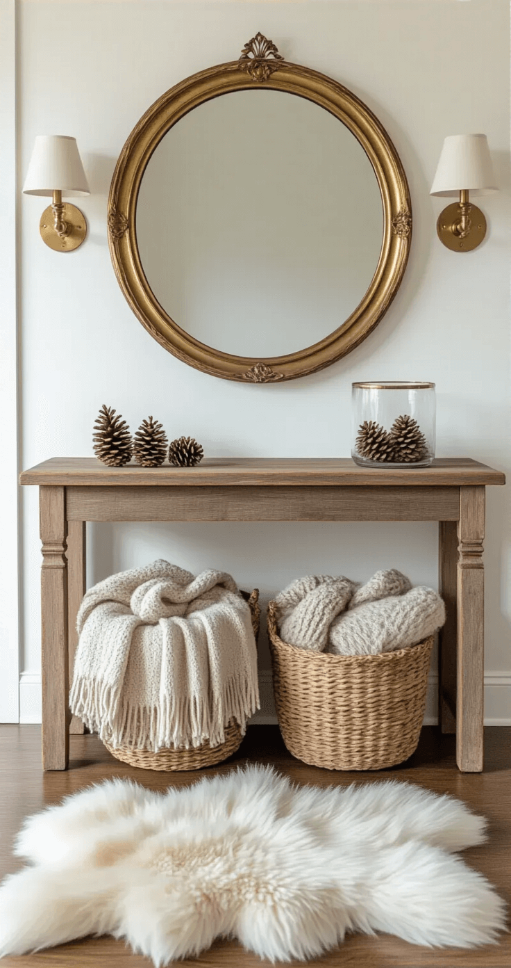 An inviting entryway featuring warm white walls, a vintage brass mirror above a reclaimed wooden console table, a woven basket with soft wool scarves and gloves, and a cluster of pinecones in a glass vessel, all illuminated by a brass wall sconce, with a faux sheepskin rug on the hardwood floor.