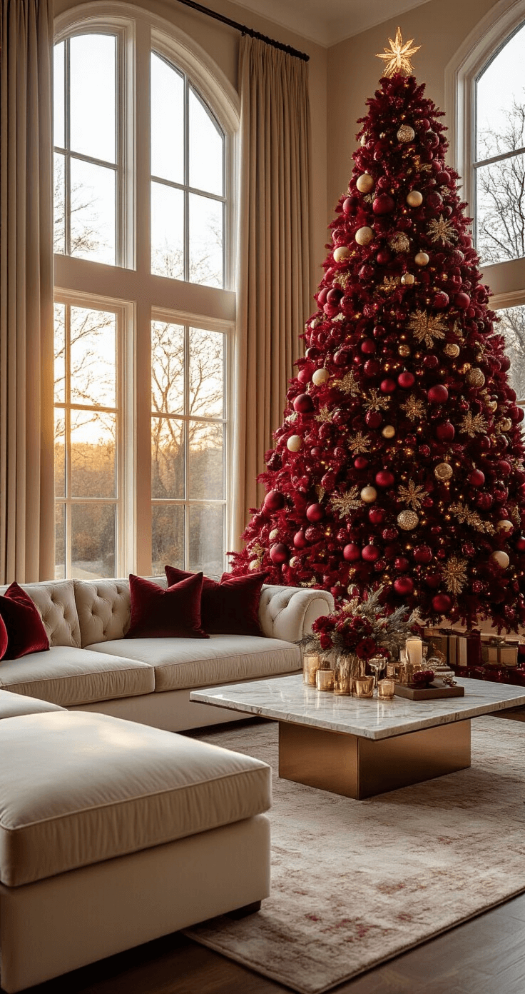 Luxurious living room with a 7.5ft burgundy Christmas tree, cream velvet sectional sofa, marble coffee table, and warm golden hour lighting. Rich burgundy glass ornaments and champagne accents adorn the tree, while soft LED lighting enhances the intimate atmosphere.