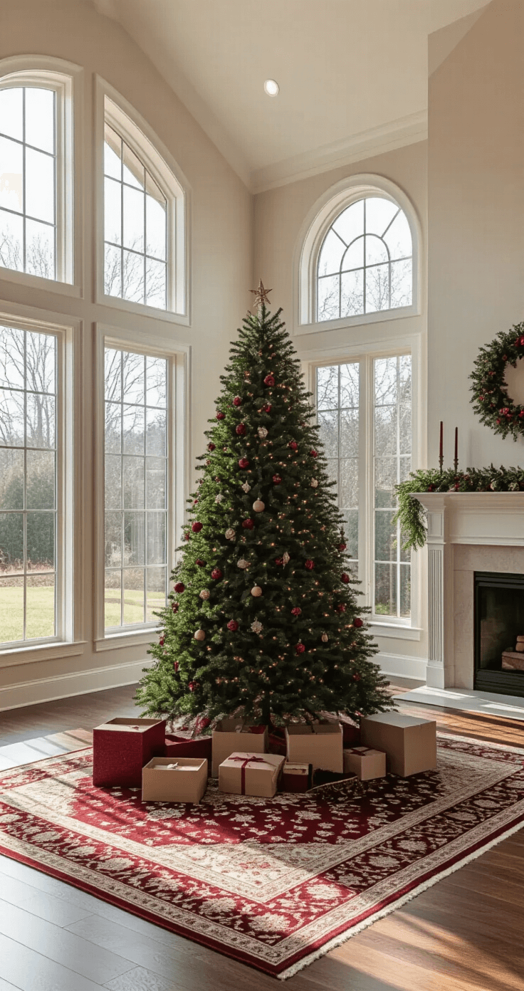 Elegant burgundy artificial Christmas tree near a fireplace in a spacious great room, flooded with natural morning light from floor-to-ceiling windows, featuring hardwood floors and a Persian rug, with empty ornament boxes nearby, showcasing clean architectural lines and vaulted ceilings.