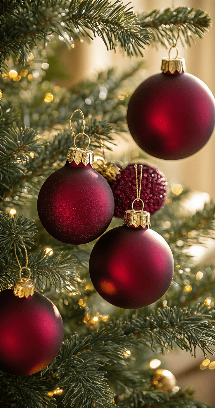 Close-up of a cluster of burgundy ornaments in shiny, frosted, and velvet finishes on Christmas tree branches, with soft afternoon light casting dramatic shadows. Gold-trimmed finial ornaments catch the light, showcasing rich textures and varied sizes, creating visual depth in warm golden tones. Macro photography captures intricate details with a shallow depth of field.