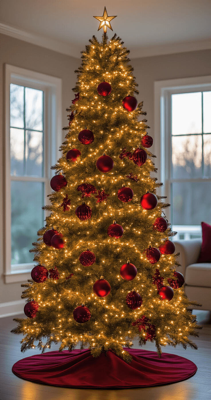 A professional Christmas tree lighting setup features a fully decorated tree in deep burgundy tones, illuminated by warm LED lights, creating a magical glow in a modern home interior during twilight. The wide-angle shot captures the dramatic contrast between the tree's brightness and the darker surroundings, highlighting the layered ornaments and textures.