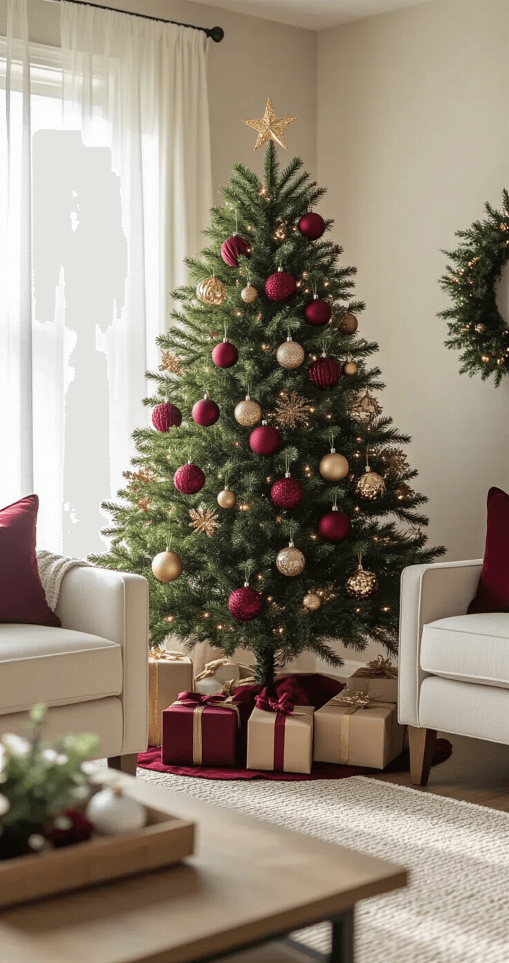 Cozy family room featuring a budget-friendly burgundy Christmas tree styled with affordable ornaments and simple ribbon accents, illuminated by bright midday light filtering through sheer curtains, showcasing a warm burgundy and gold palette with a clean, approachable design.