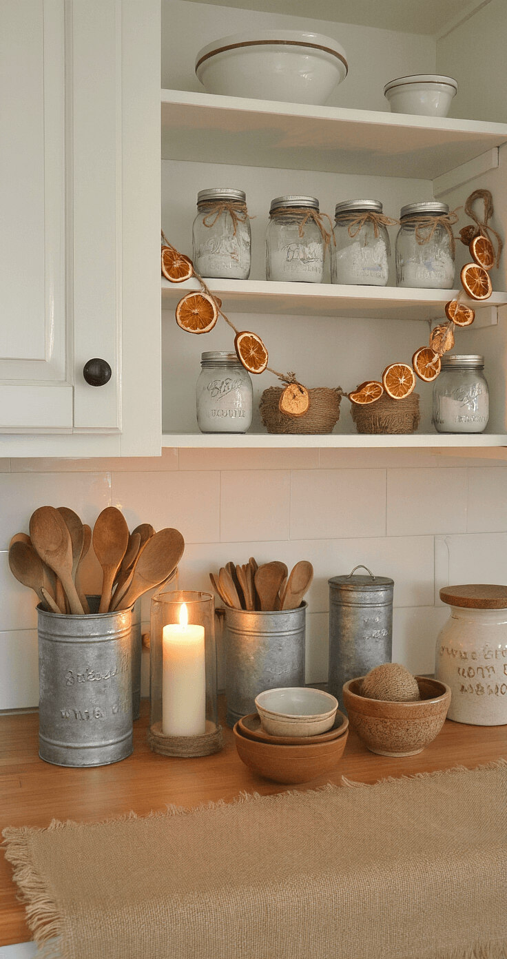 Medium shot of a cozy kitchen corner featuring white farmhouse cabinets and butcher block countertops, illuminated by early evening candlelight. The scene includes open shelving with mason jar snow globes, twine ornaments, and dried orange slice garlands, alongside rustic metal containers holding wooden spoons. A burlap table runner and handmade ceramic bowls enhance the nostalgic countryside atmosphere.