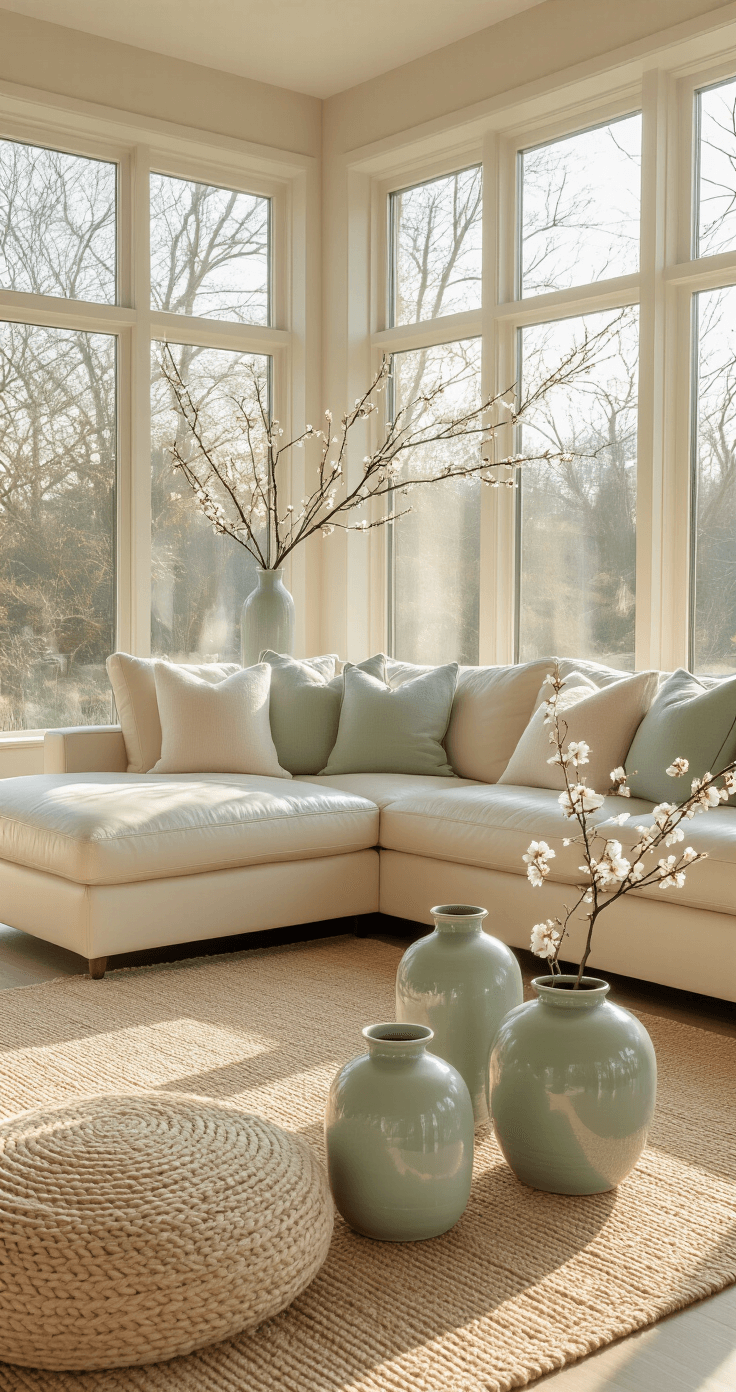 A bright mid-century modern living room featuring a cream leather sectional sofa adorned with pastel linen throw pillows, complemented by pale green ceramic vases holding cherry blossom branches, all set on a natural jute rug beneath wide floor-to-ceiling windows that bring in soft morning light, highlighting the room's neutral color palette with touches of sage and blush.
