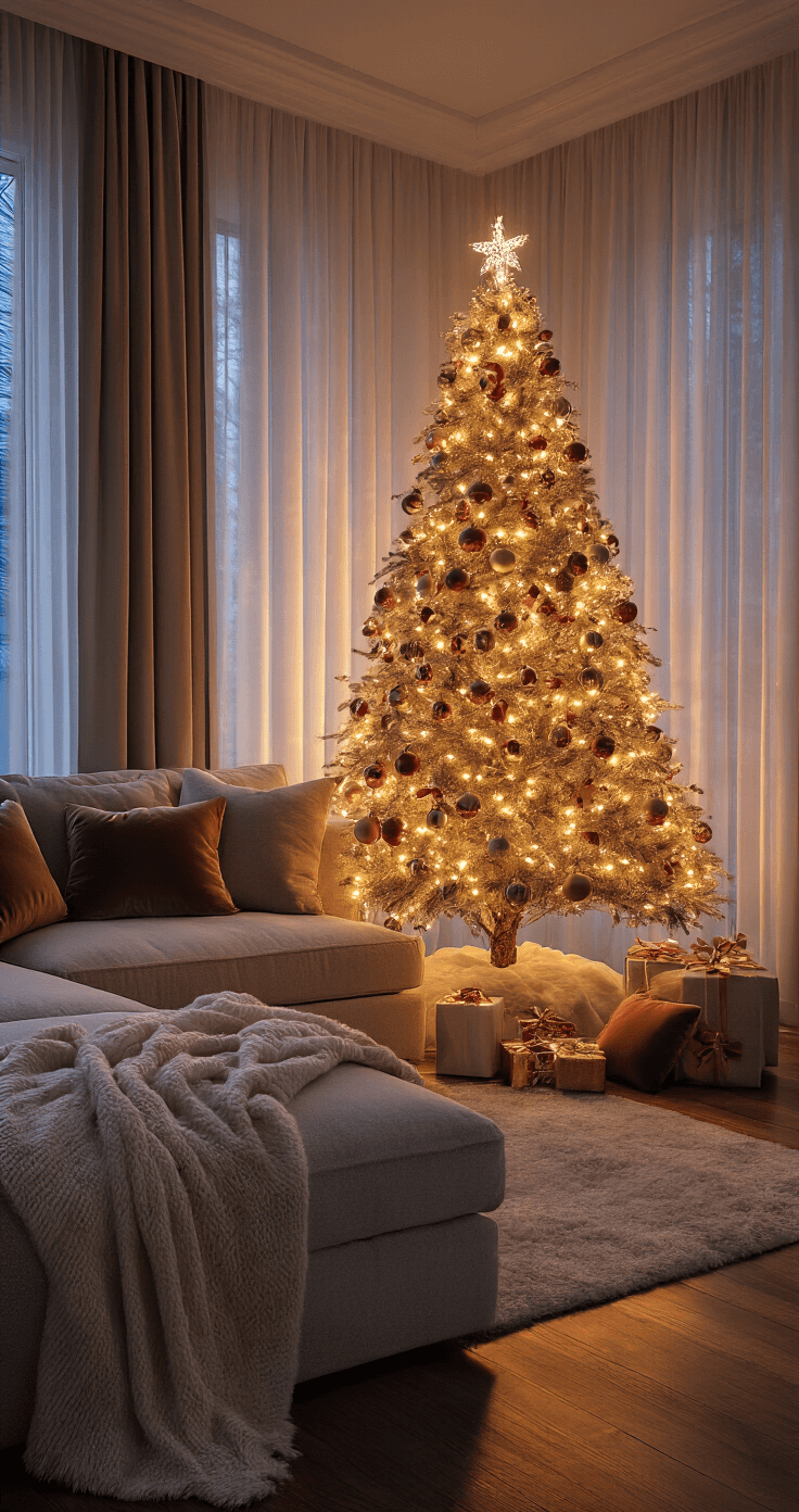 Intimate living room corner featuring a candy-themed Christmas tree adorned with glowing translucent ornaments, warm LED lighting creating a magical twilight ambiance, plush sectional with cashmere throws and velvet pillows, and hardwood floors reflecting twinkling lights.