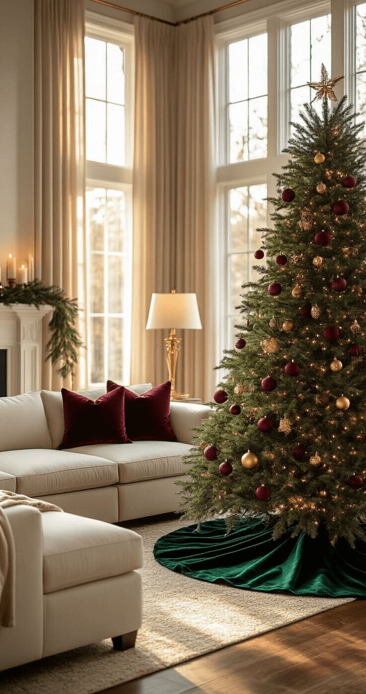 A cozy living room featuring a Fraser fir Christmas tree adorned with burgundy and gold ornaments, sunlight streaming through tall windows, a cream sectional sofa, and warm mahogany floors, creating a sophisticated holiday ambiance.