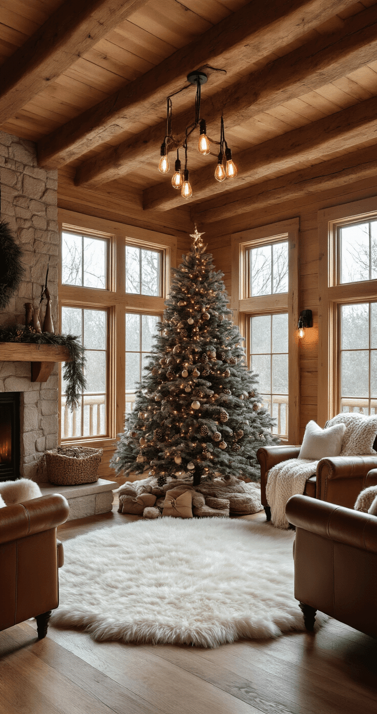 Cozy cabin-style great room bathed in morning light, featuring a rustic pine Christmas tree adorned with wooden ornaments and a pinecone garland on weathered hardwood, complemented by a soft white faux fur tree skirt, exposed beam ceiling, leather armchairs by a stone fireplace, and warm amber lighting from Edison bulbs, creating an intimate rustic atmosphere.