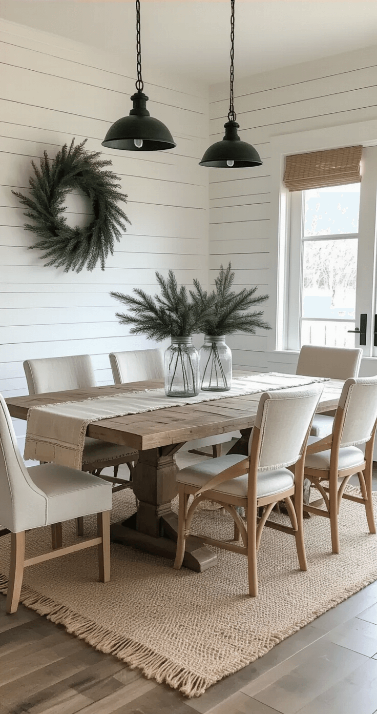 A modern farmhouse dining room featuring a 7-foot noble fir tree adorned with a burlap skirt and jute trim, bathed in afternoon light. The space showcases a neutral palette with cream whites and soft grays, a shiplap accent wall, a reclaimed wood dining table with a linen runner, mason jar centerpieces filled with winter greenery, vintage galvanized metal accents, and pendant lighting with black iron fixtures. The camera captures the open-concept flow from a corner angle, highlighting organic textures and weathered finishes.